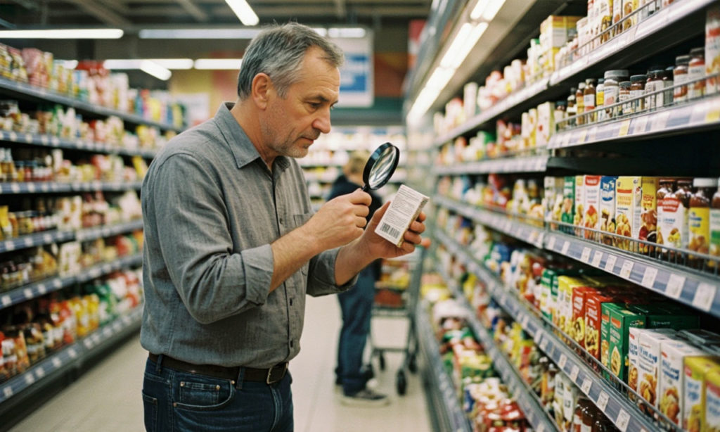 Мужчина читает состав продукта в магазине.