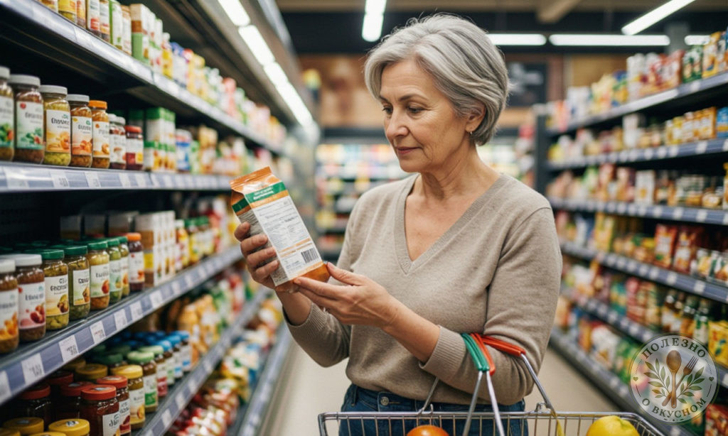 Женщина читает состав продукта в магазине.